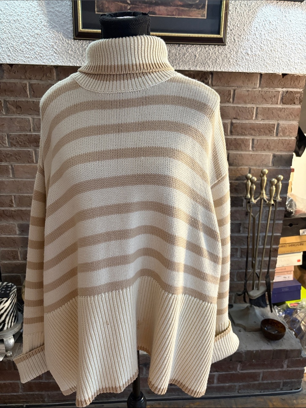 Totem Striped Cream & Beige Turtleneck Sweater Poncho